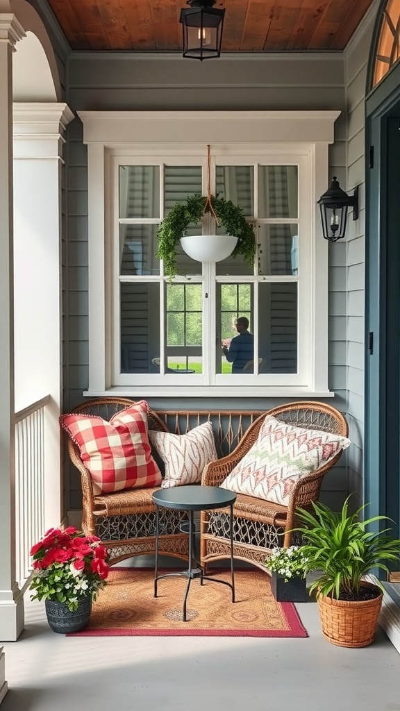 Cozy front porch nook with wicker chairs, colorful pillows, a small table, and potted flowers.