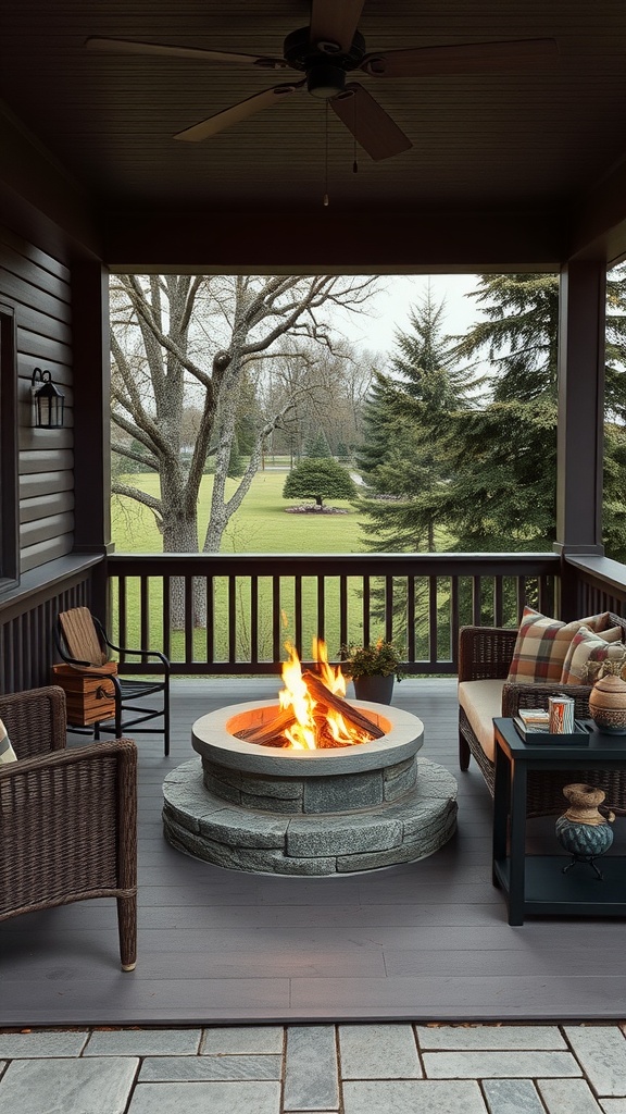 A cozy front porch featuring a stone fire pit surrounded by comfortable seating and a serene outdoor view.