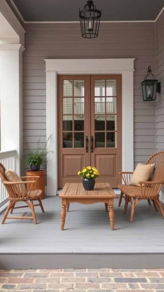 A cozy front porch featuring a small wooden coffee table and two wicker chairs with cushions.