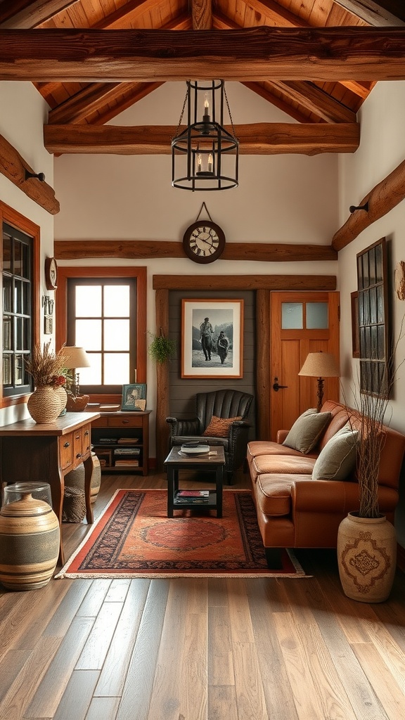 A cozy ranch-style living room entryway with rustic wooden beams and inviting furniture.