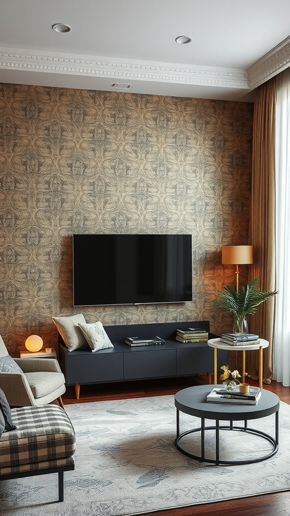 Elegant living room featuring an accent wall with intricate wallpaper design.