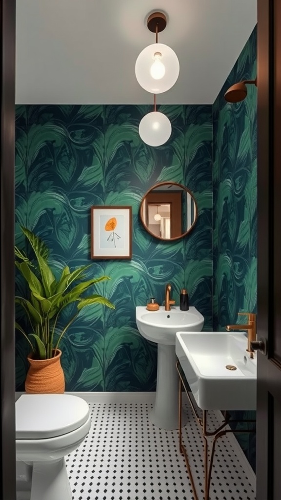 A small bathroom featuring a leafy green accent wall, white fixtures, and a potted plant.