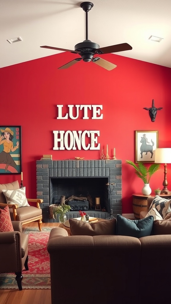 A ranch-style living room featuring a bold red accent wall with white letters, a black brick fireplace, and comfortable seating.