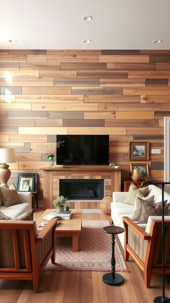 A modern western living room featuring a wood-paneled accent wall with various shades of wood, a cozy sofa, and a rustic coffee table.