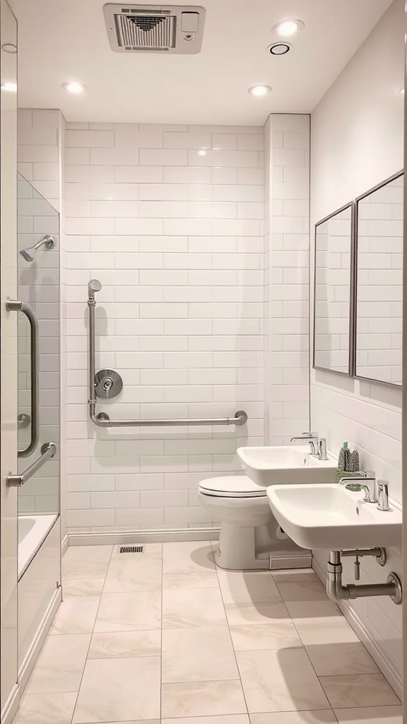 An accessible ensuite bathroom with grab bars, dual sinks, and a spacious layout.