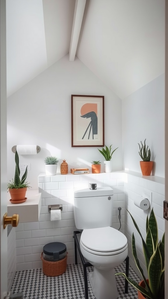 A small bathroom with slanted ceiling featuring plants, artwork, and compact décor.