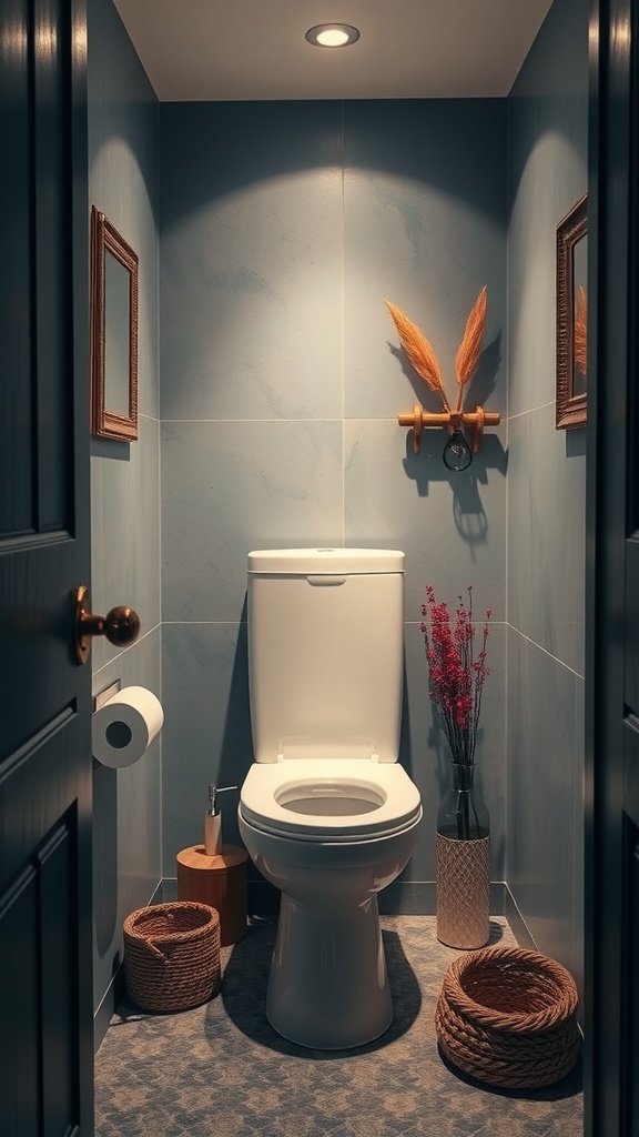 Small toilet room featuring blue tiles, a white toilet, woven baskets, and decorative elements.