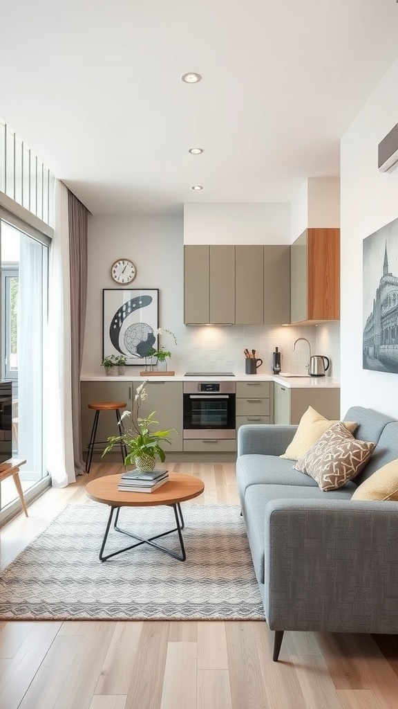 A modern living room and kitchen combined in a small space, featuring stylish furniture and an open layout.