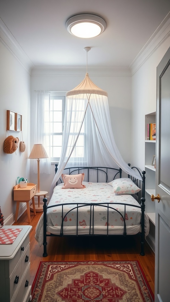 A cozy shared bedroom with a bed featuring a light canopy, a bedside table, and a rug.