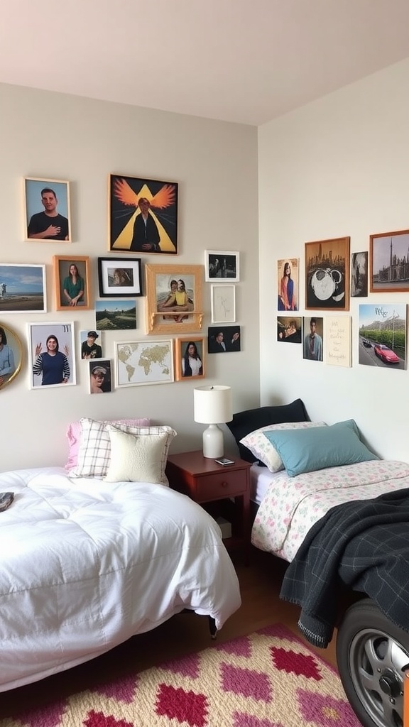 A shared bedroom featuring two beds with a gallery wall of framed photos and art.