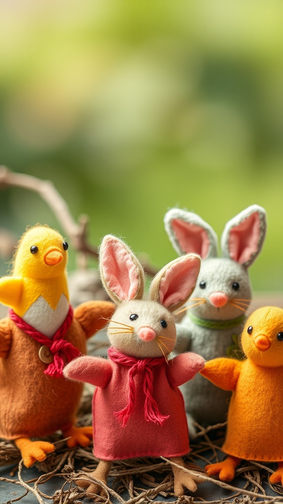 Colorful felt chick and bunny puppets