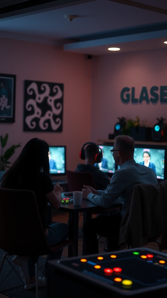 A cozy couple gaming room setup with ambient lighting, featuring two people playing games and a colorful console.