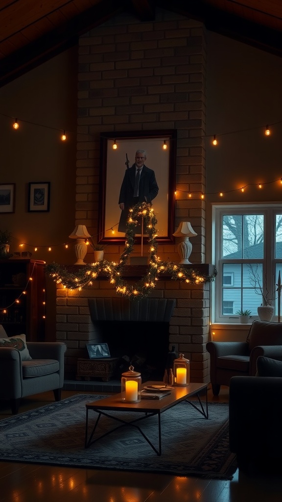 Cozy living room with string lights illuminating the fireplace and decorations.