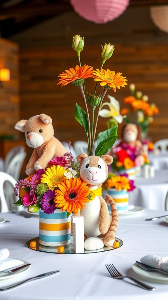 Colorful animal safari centerpieces with plush toys and flowers