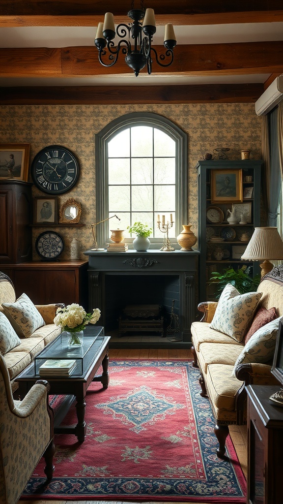 An antique-style living room with vintage decor, featuring a chandelier, a rug, and various accessories.