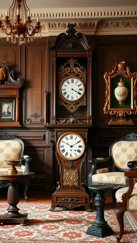 Antique living room with a grandfather clock, vintage chairs, and ornate decorations