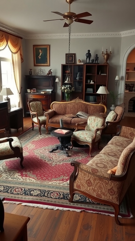 A cozy living room featuring antique furniture, a rich rug, and warm lighting, arranged for comfort and conversation.