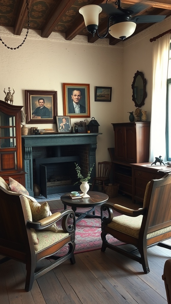 A cozy living room with antique furniture, including two armchairs, a round table, and a fireplace, adorned with portraits and decorative items.