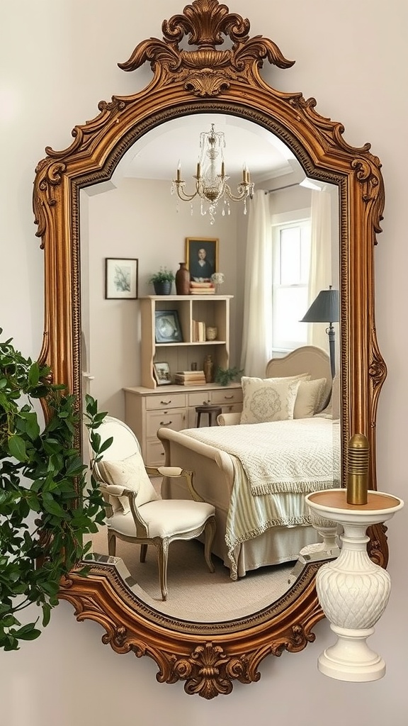 An ornate antique mirror reflecting a cozy French cottage bedroom