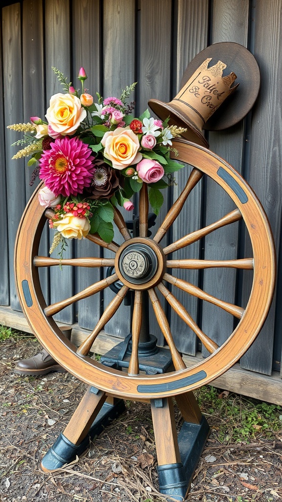 An antique spinning wheel decorated with flowers and a cowboy hat