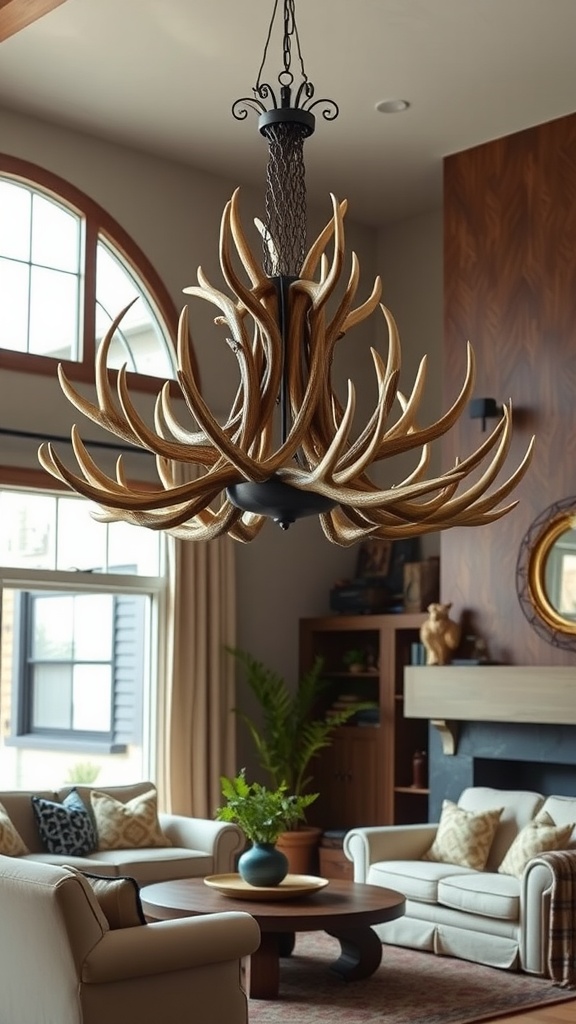 A rustic antler chandelier hanging in a ranch-style living room with beige sofas and a wooden coffee table.