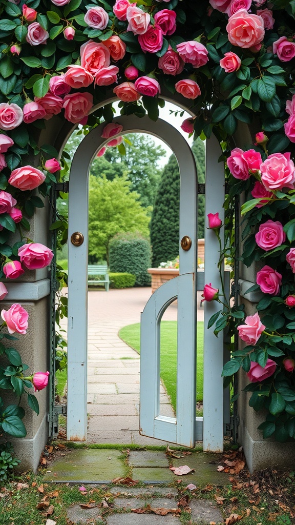 A charming arched garden gate surrounded by blooming roses, leading into a serene garden.