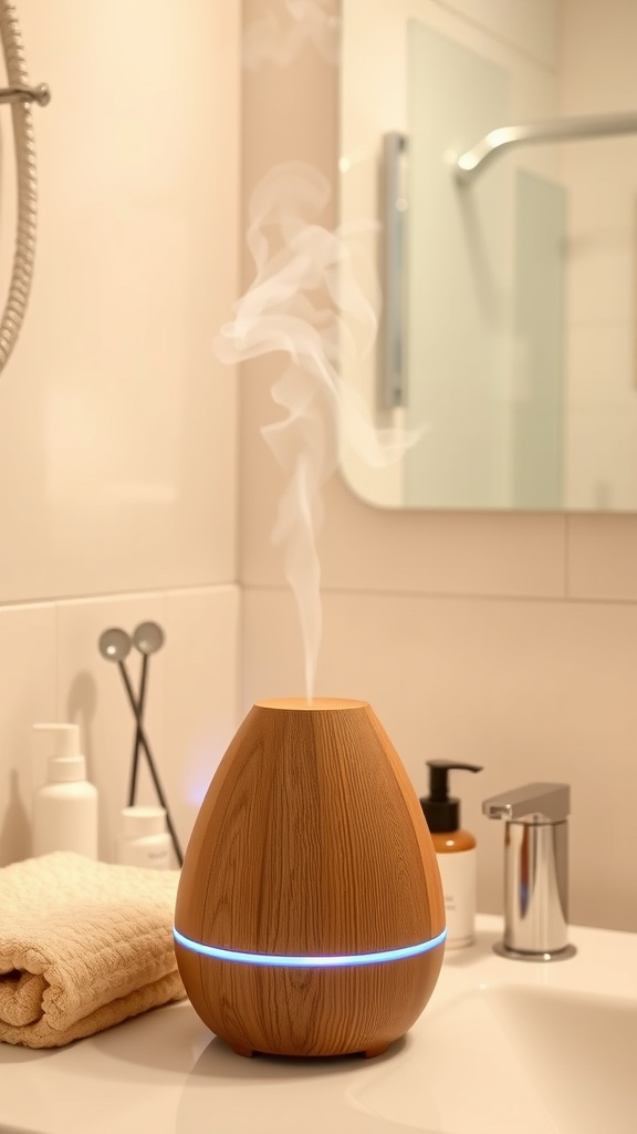 A wooden aromatherapy diffuser in a warm bathroom with steam rising.