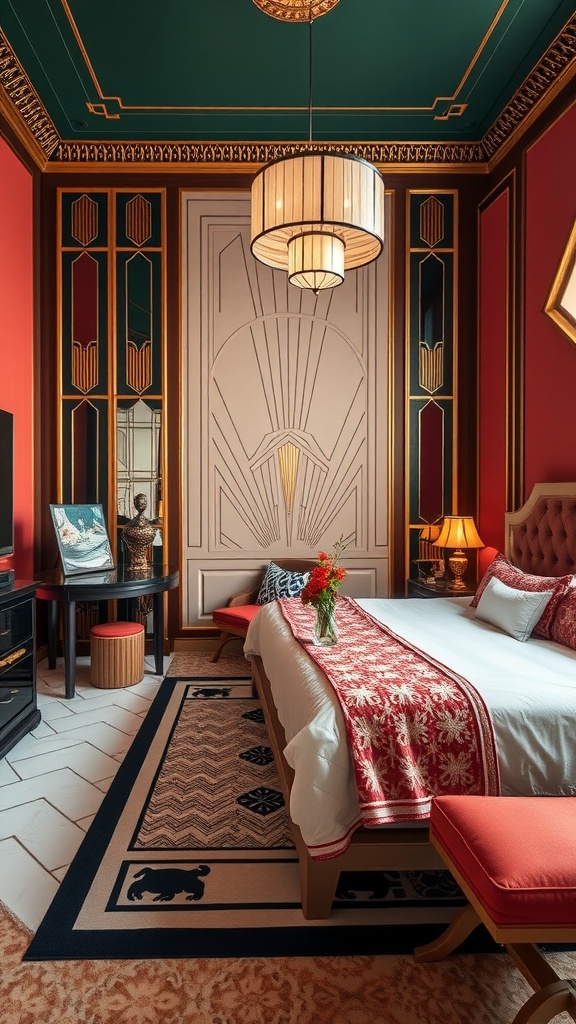 A stylish bedroom featuring Art Deco design with bold colors and geometric patterns.