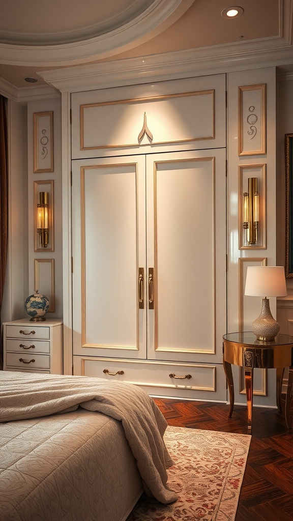 Art Deco inspired built-in wardrobe with white and gold accents in a stylish bedroom