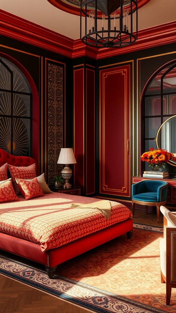 A luxurious bedroom featuring Art Deco design with red and black walls, an elegant bed, and rich decorative details.