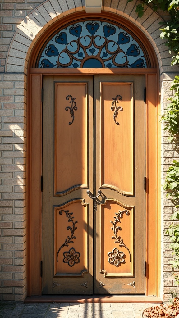 Art Nouveau garden door with floral designs and an arched stained glass window.