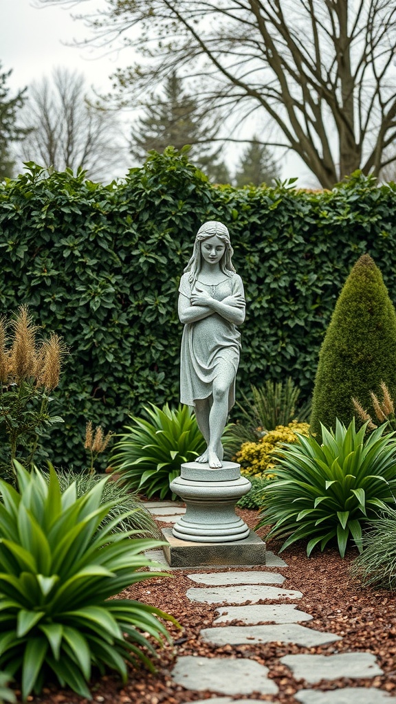 A garden sculpture of a girl standing on a pedestal surrounded by lush greenery and a stone pathway.