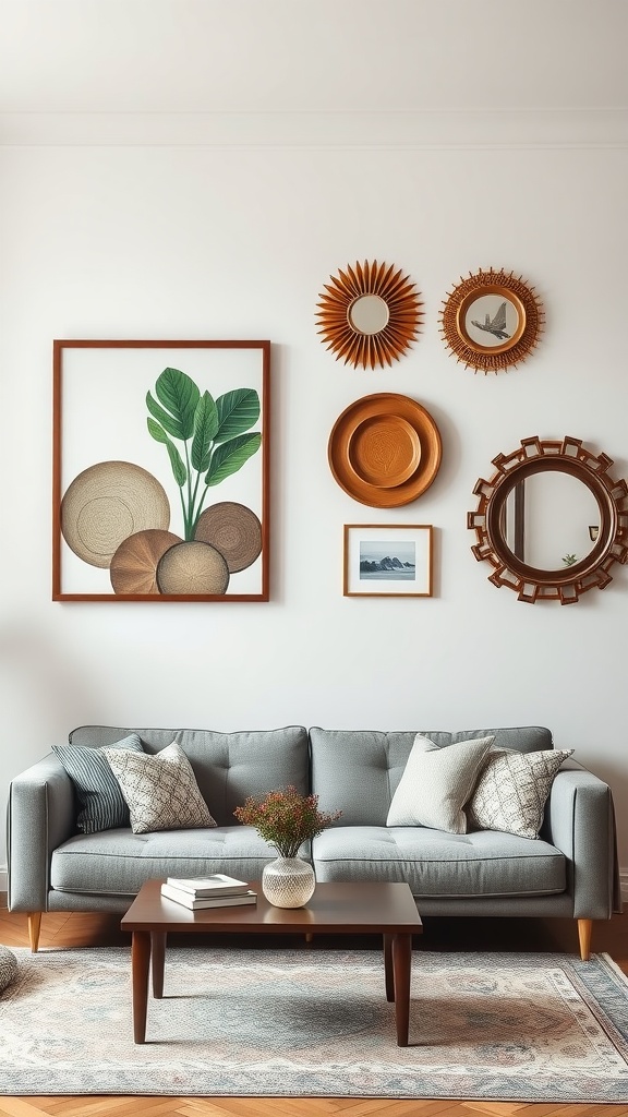 Elegant living room with artful wall decor including framed artwork, decorative plates, and mirrors.