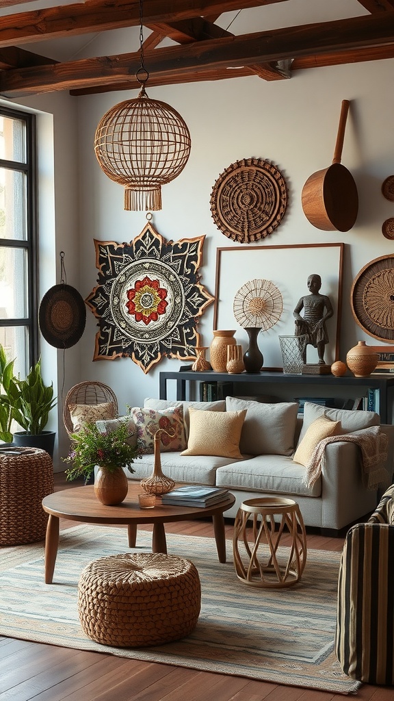 A modern boho living room featuring artisan crafted decor, including wall art, woven pieces, and natural materials.