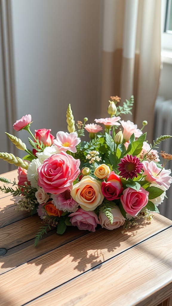 A beautiful artisan flower crown arrangement with roses, daisies, and greenery on a wooden table.