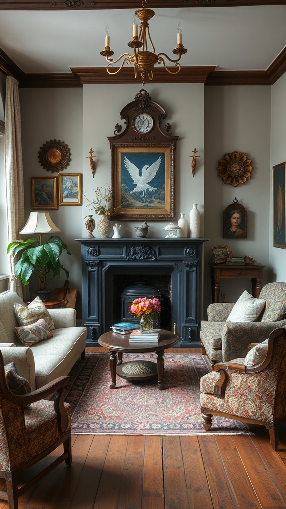 An old English living room with artisan handcrafted decor, featuring vintage furniture, a fireplace, and beautiful artwork.