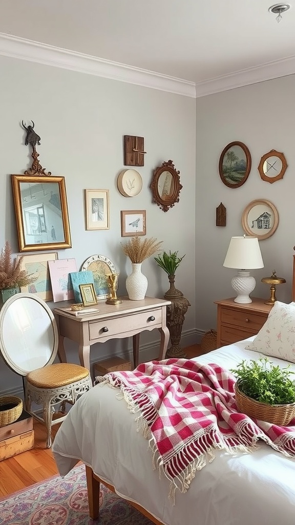 A cozy French cottage bedroom featuring artisan handcrafted decor, including vintage frames, a wooden desk, and a soft blanket.