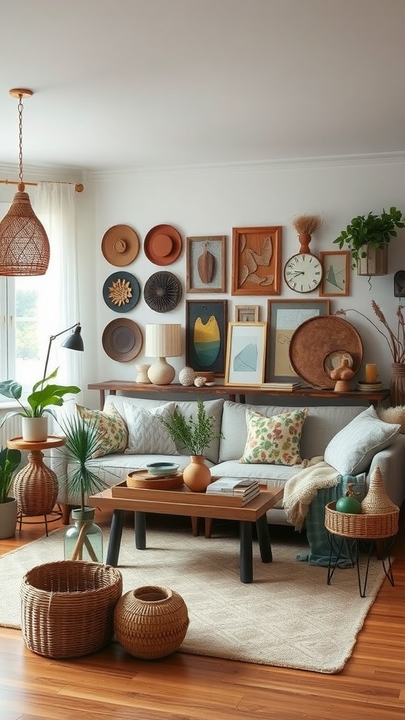 Cozy mobile home living room with artisan handmade decor, featuring a mix of wall art, plants, and natural materials.