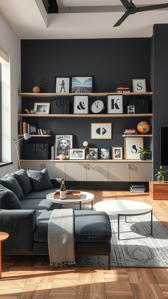 A living room featuring a dark gray couch with artistic shelving displaying framed pictures, books, and decorative items against a dark wall.