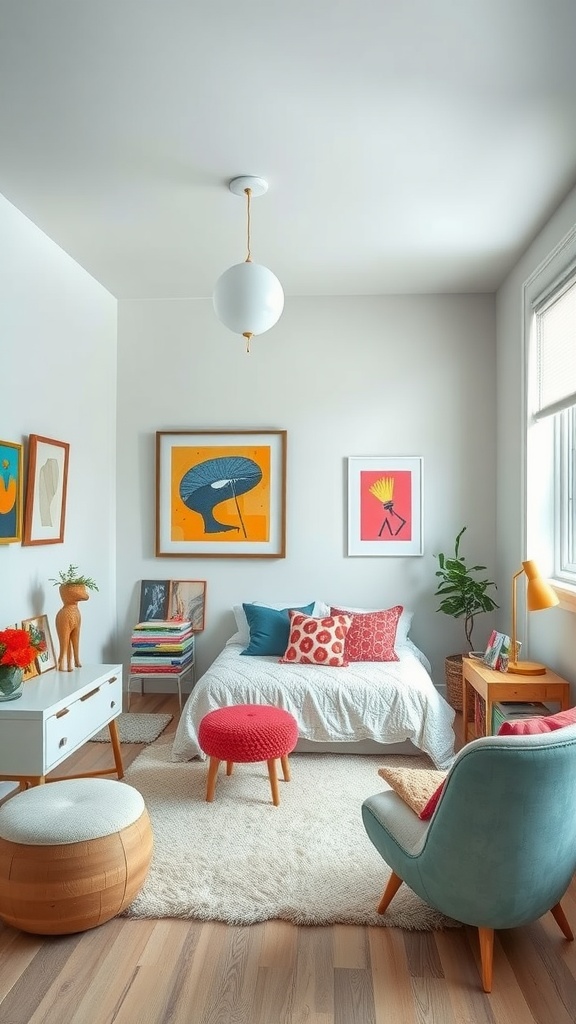 A bright and artistic bedroom featuring colorful wall art, a cozy bed with pillows, and stylish furniture.