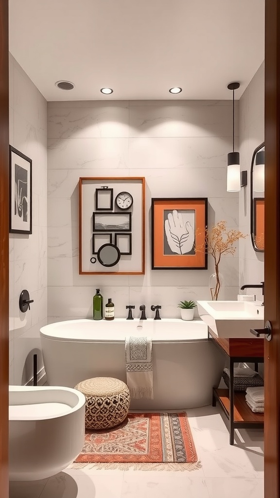 A stylish ensuite bathroom featuring artistic decor, including framed wall art, a bathtub, and a modern sink.