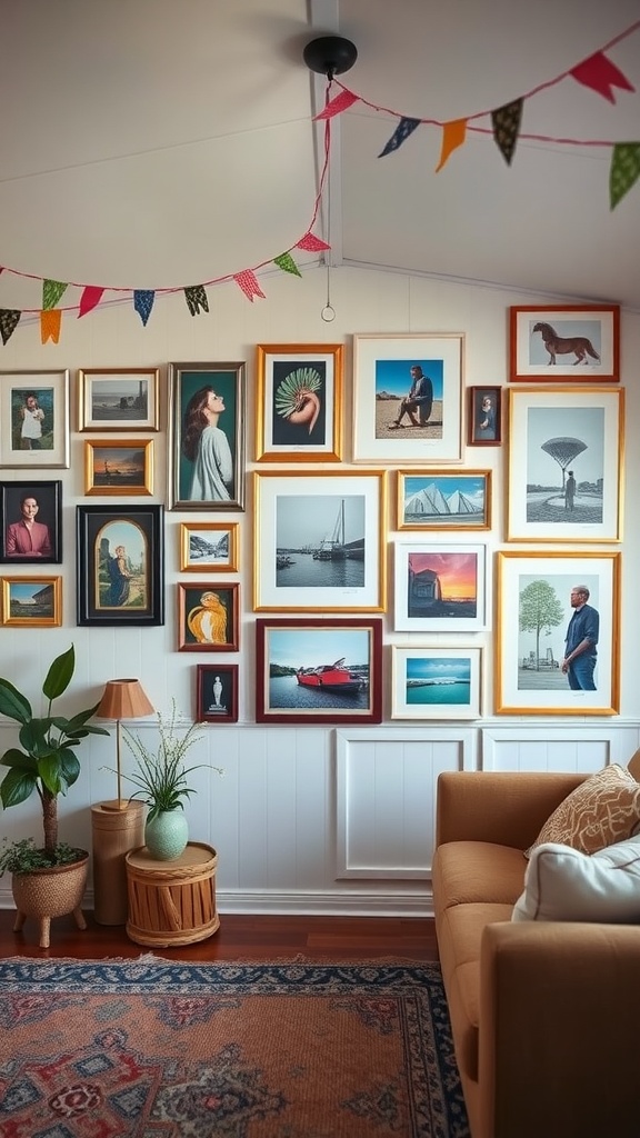 A gallery wall with framed artwork and photographs in a cozy living room setting.