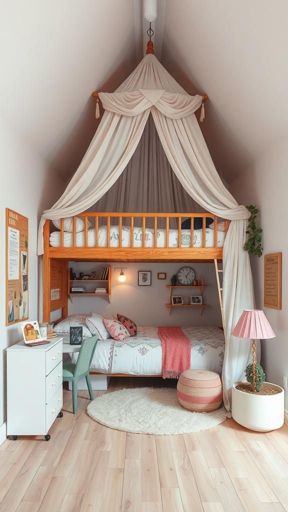 A cozy artistic loft bed with a canopy, featuring a workspace underneath and stylish decor.