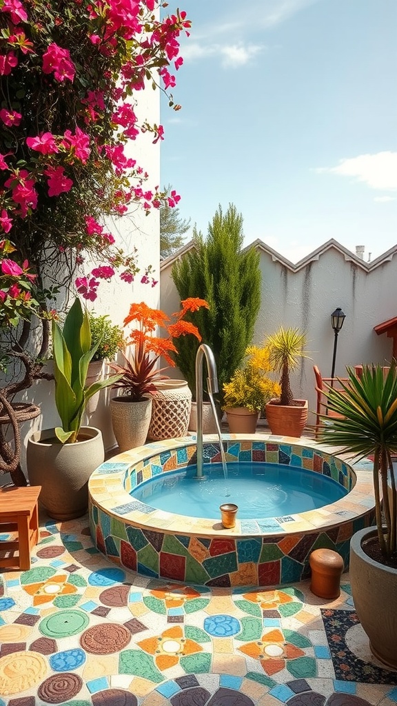 An outdoor bathing area with mosaic tiles, surrounded by colorful plants and flowers.