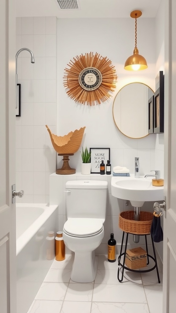 A minimalist small bathroom featuring artistic decor, including a rattan wall piece and a stylish pendant light.