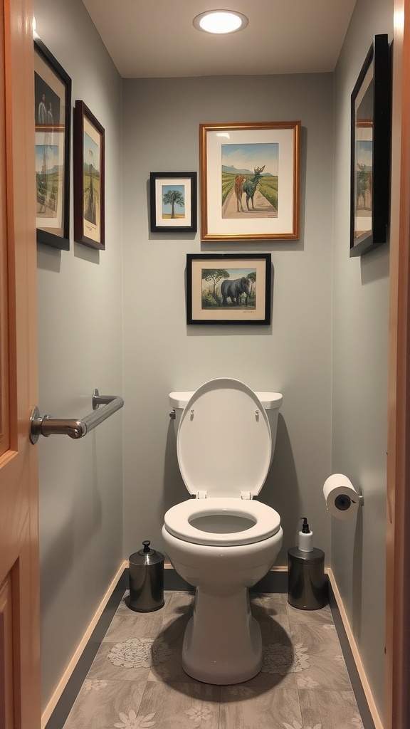 A small, stylish downstairs toilet with framed art on the walls, featuring a white toilet and decorative elements.