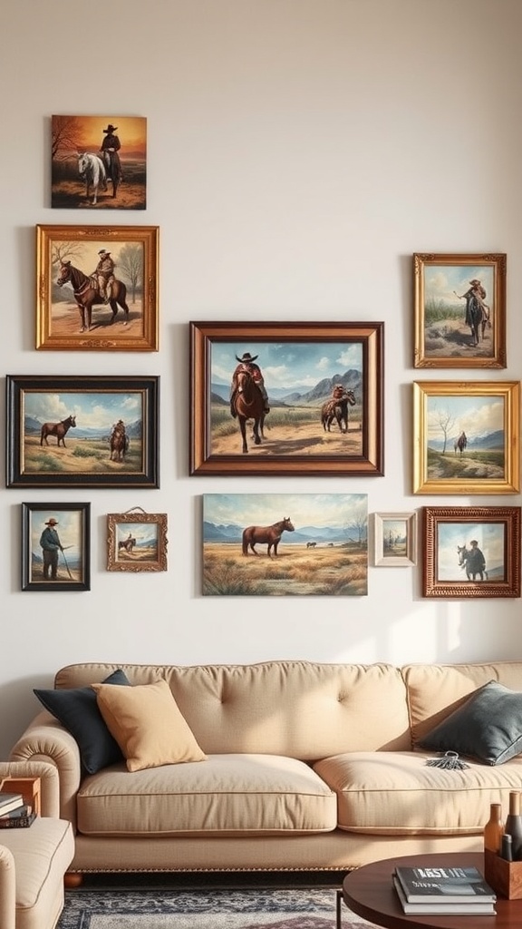 A living room wall adorned with a variety of western-themed framed artworks featuring cowboys and horses.