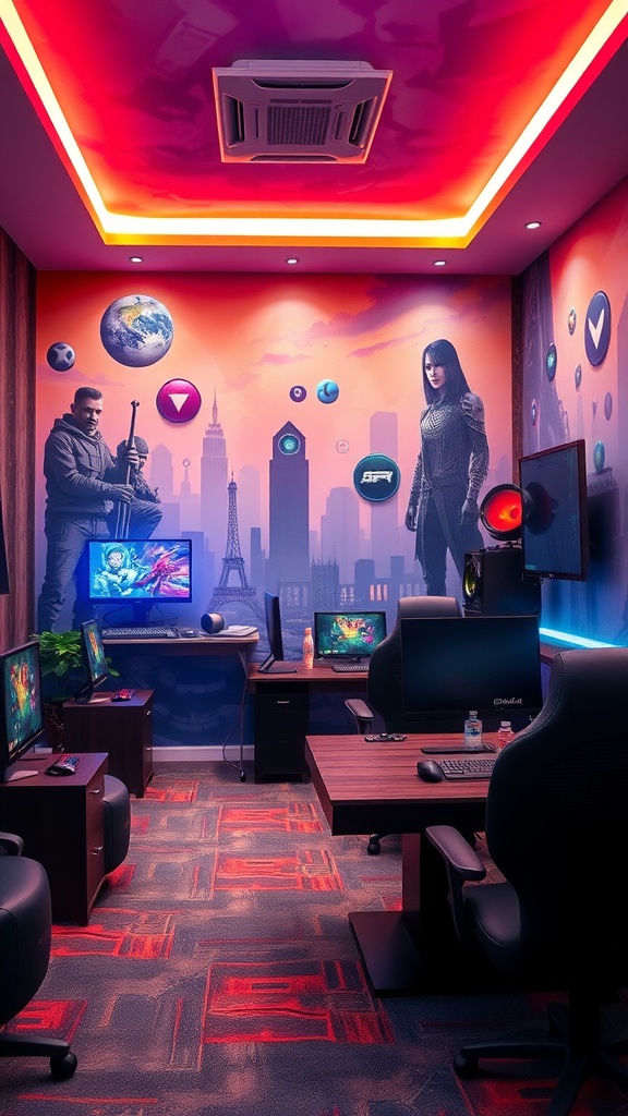 A gaming room with artistic wall murals and multiple computer setups.