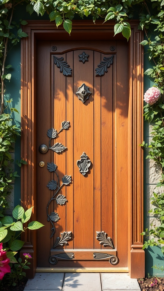 Artistic wooden door with nature motifs surrounded by greenery