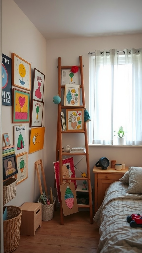 A cozy shared bedroom with a wooden ladder displaying colorful artwork and a well-organized space.